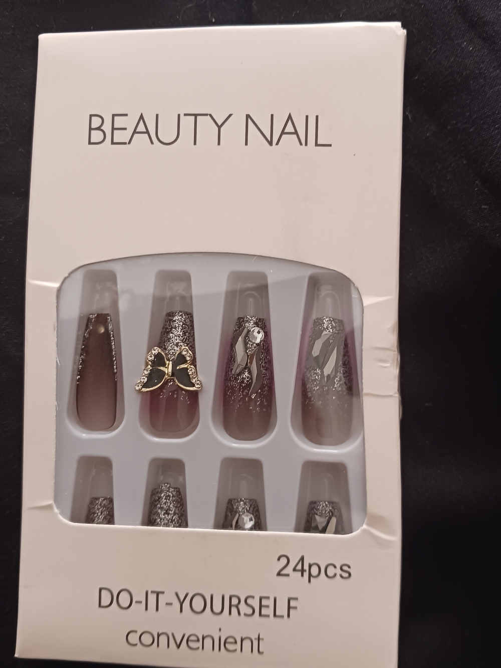 Beauty Nail Black Ombre Press-On Nails with Silver Glitter & Charms, 24 Nails